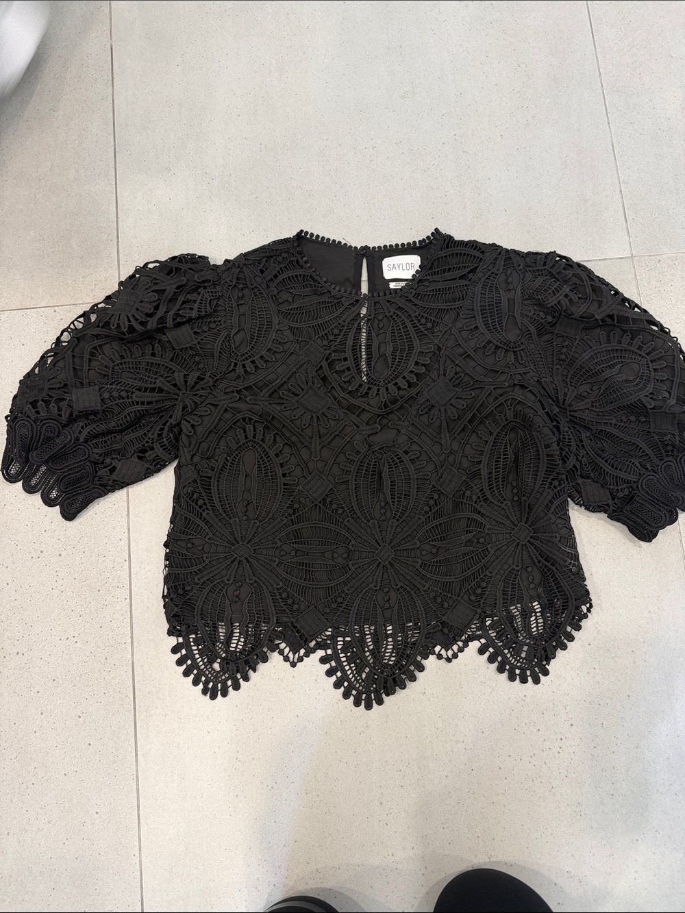 SAYLOR Black Crochet Lace Puff-Sleeve Top